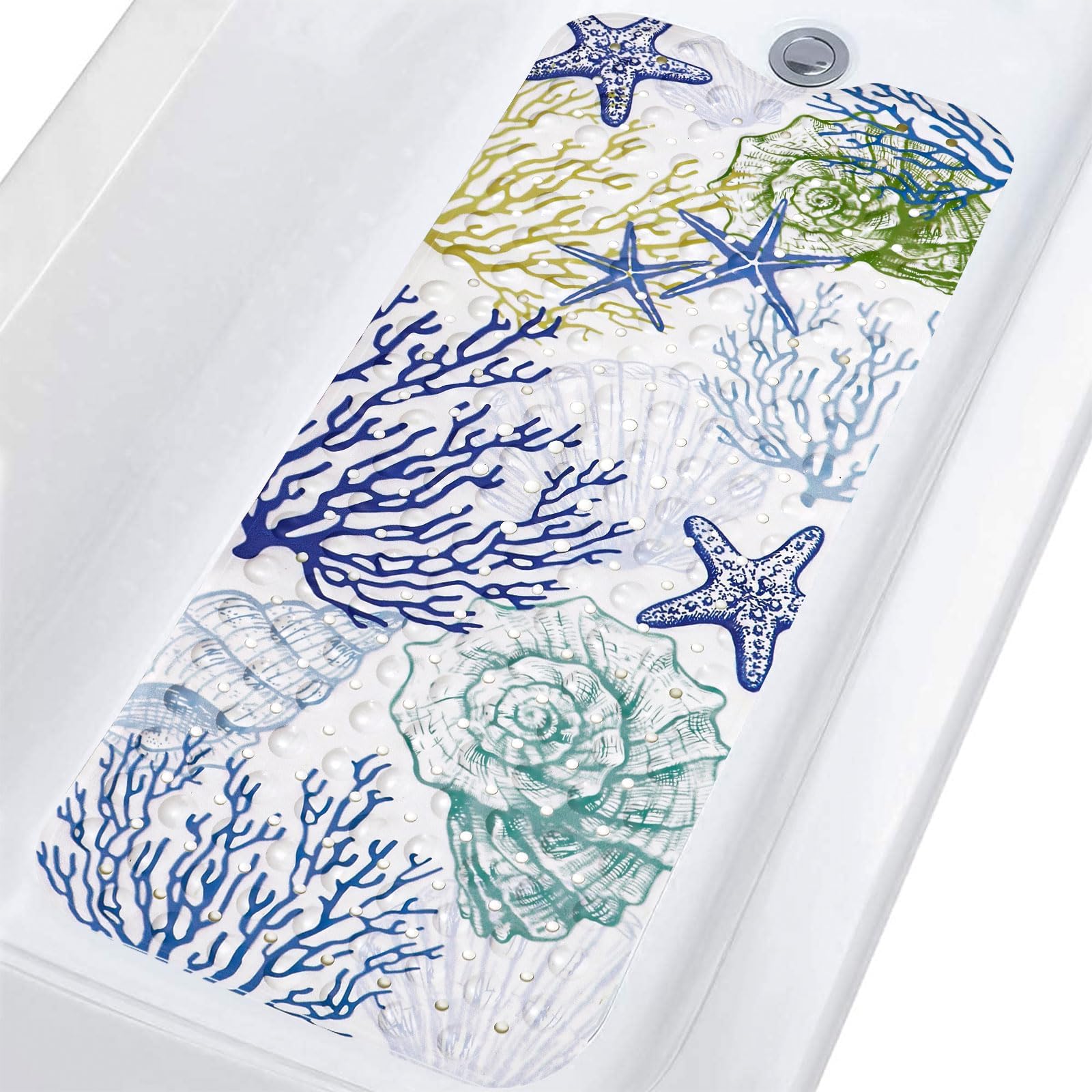 Topotdor Nautical Coastal Bathtub Mat Non Slip for Shower Tub, 40 X 16 Inch Extra Long Bath Mat for Elderly & Kids, Machine Wash